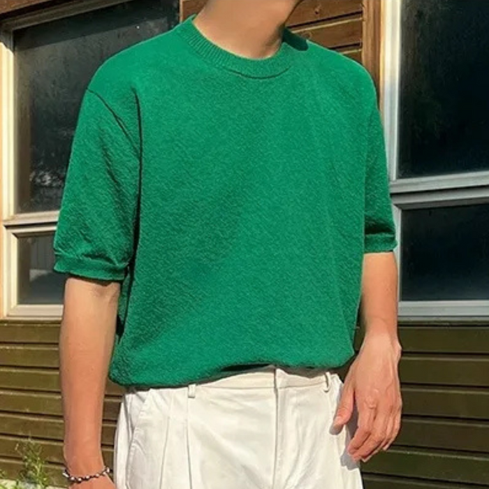 Męska Teksturowana Koszulka T-Shirt Klasyczny Okrągły Dekolt Casual