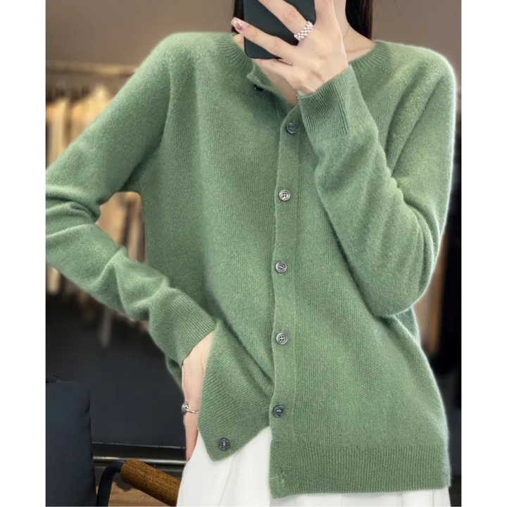 Luksusowy kardigan z wełny merino i kaszmiru dla kobiet – Elegancki sweter na zimę z okrągłym dekoltem
