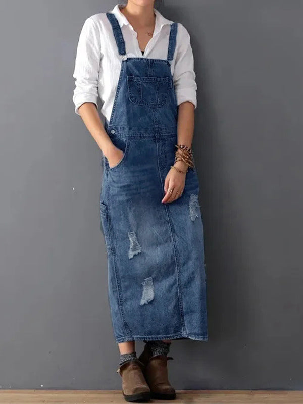 Kobiece Dżinsowe Pinafore Maxi Sukienka z Kieszeniami