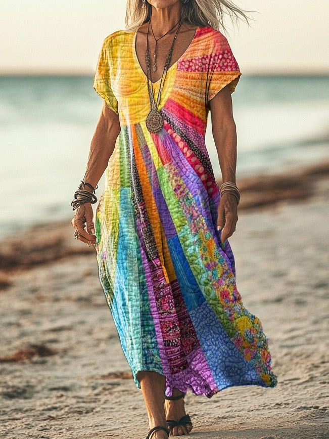 Damska Sukienka Boho Maxi z Wzorem w Stylu Luźnym z Dekoltem w Serek