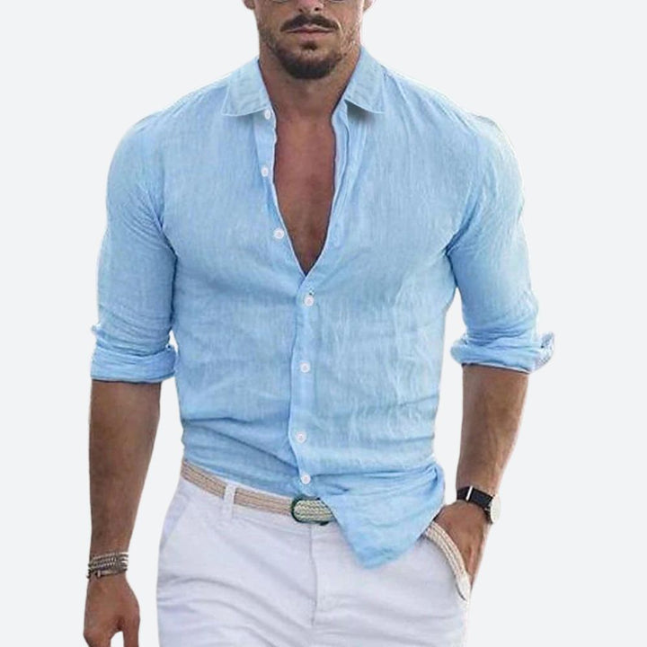 Męska lniana koszula slim fit z otwartym kołnierzem na lato