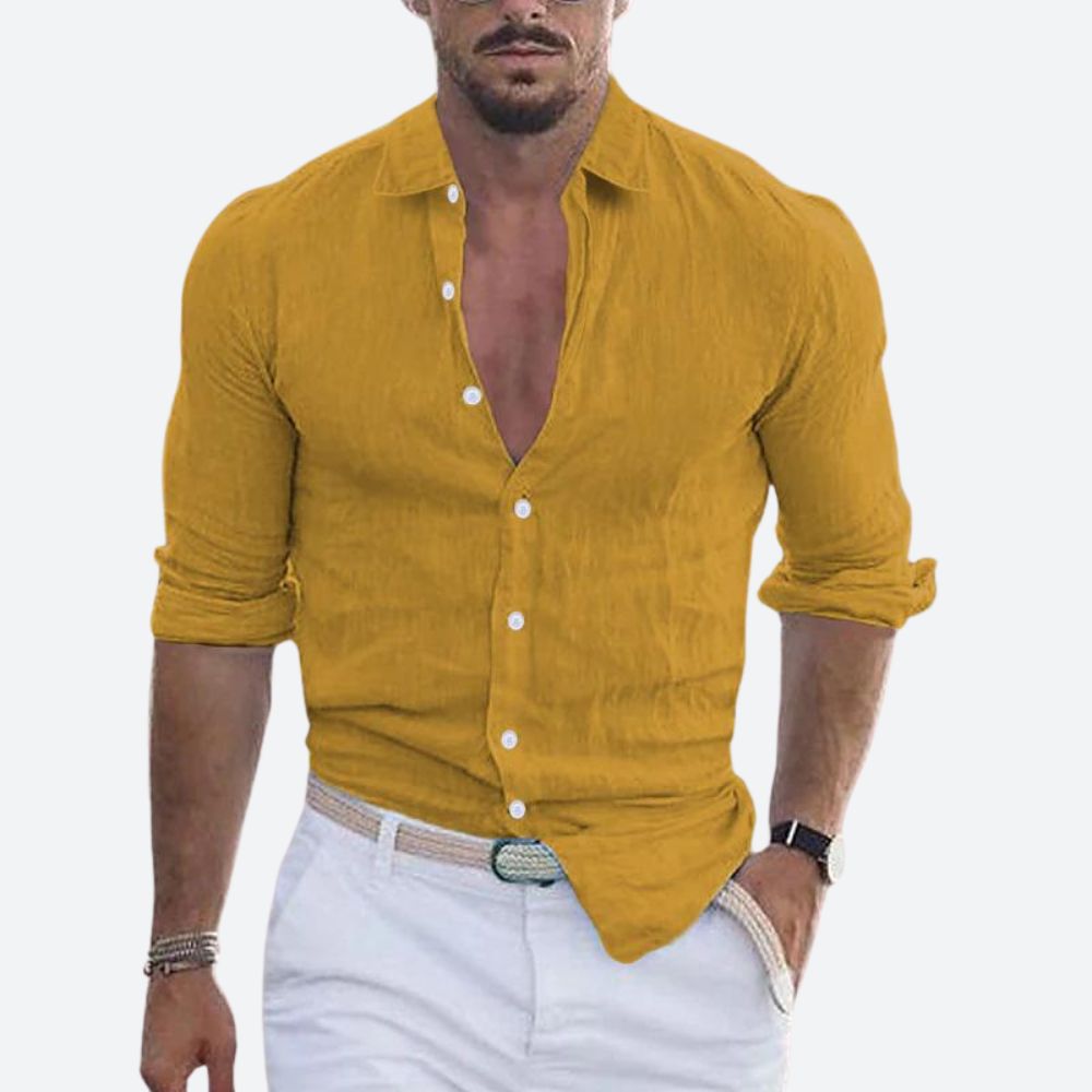 Męska lniana koszula slim fit z otwartym kołnierzem na lato