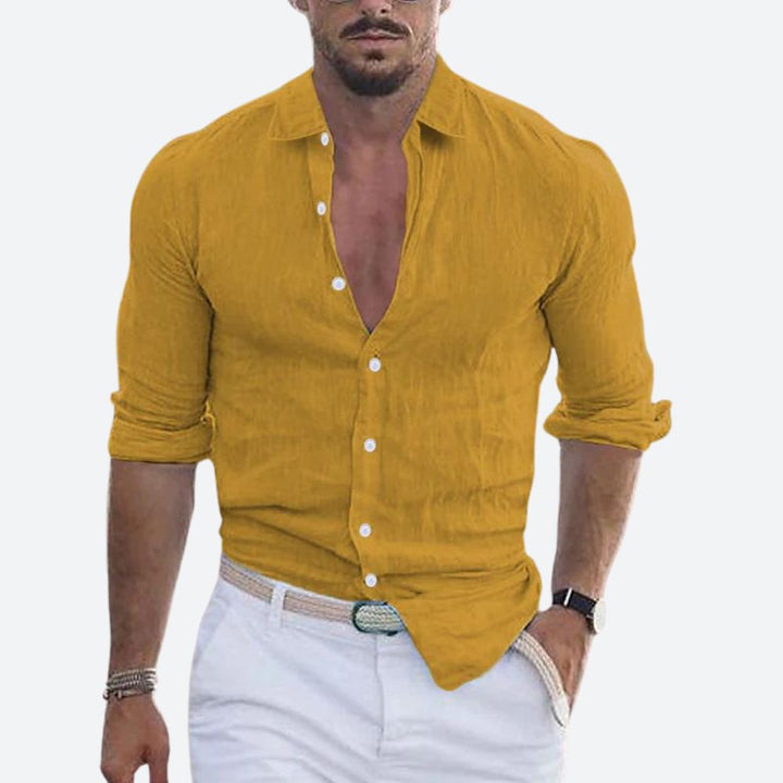 Męska lniana koszula slim fit z otwartym kołnierzem na lato