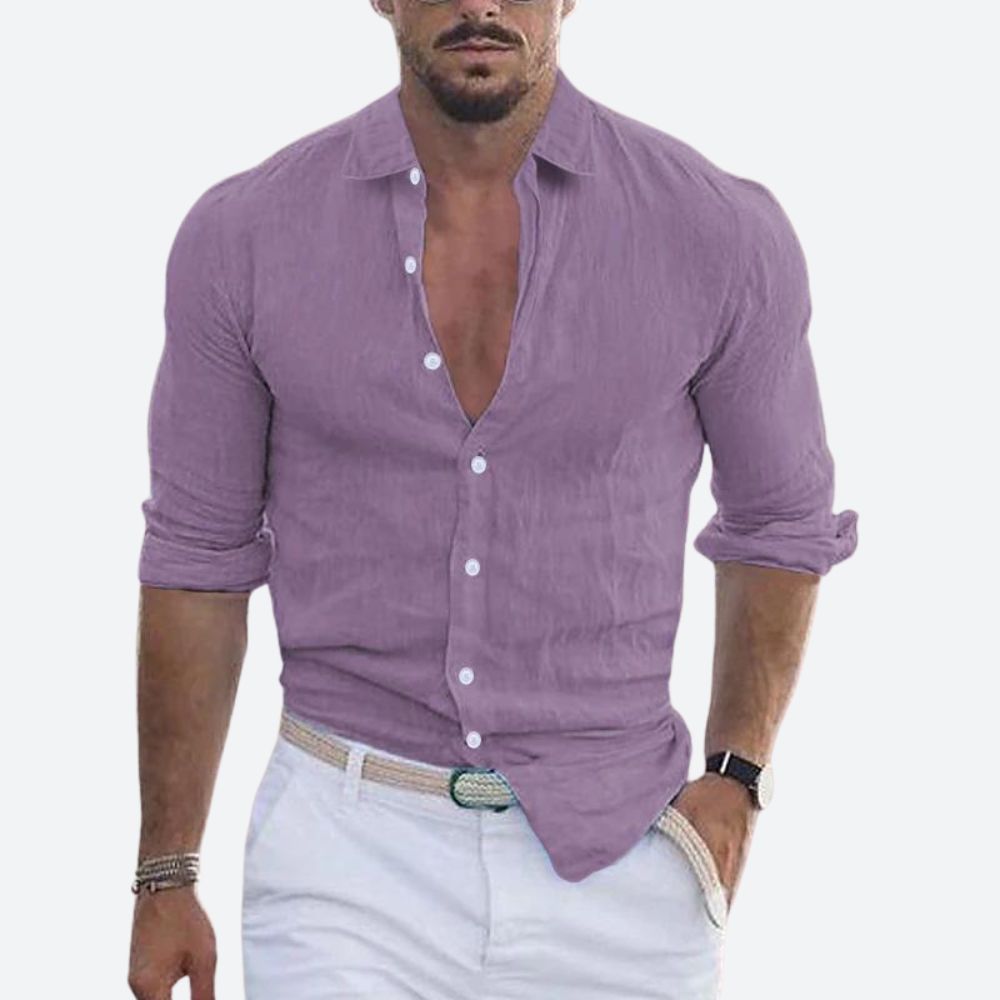 Męska lniana koszula slim fit z otwartym kołnierzem na lato