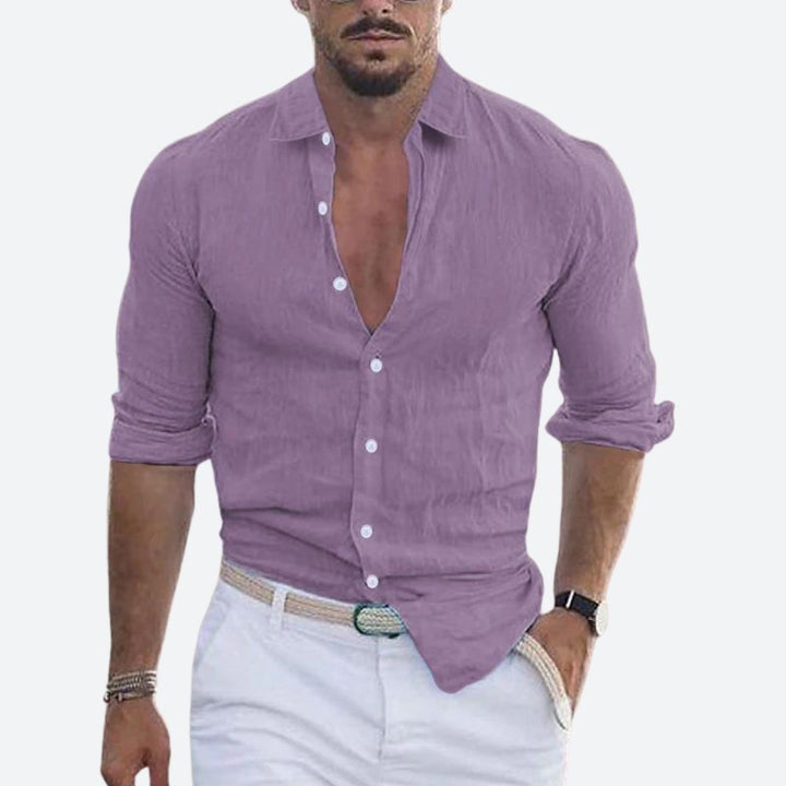 Męska lniana koszula slim fit z otwartym kołnierzem na lato