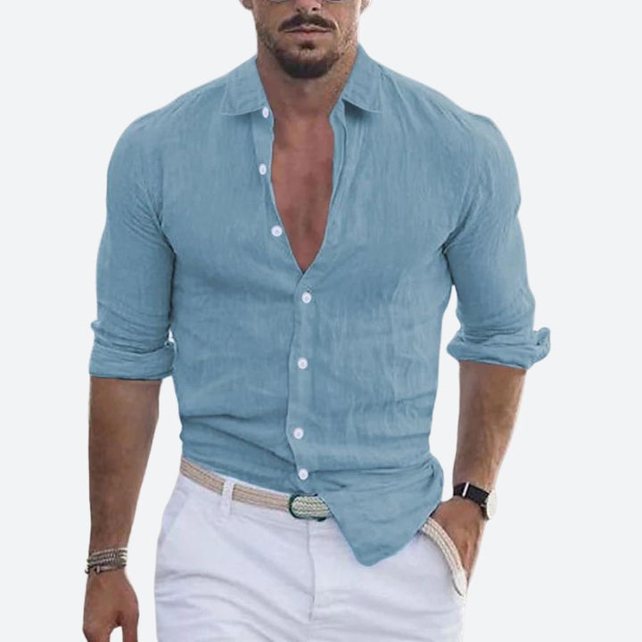Męska lniana koszula slim fit z otwartym kołnierzem na lato