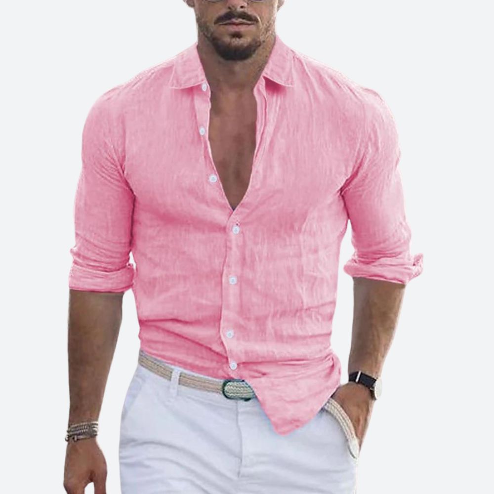 Męska lniana koszula slim fit z otwartym kołnierzem na lato