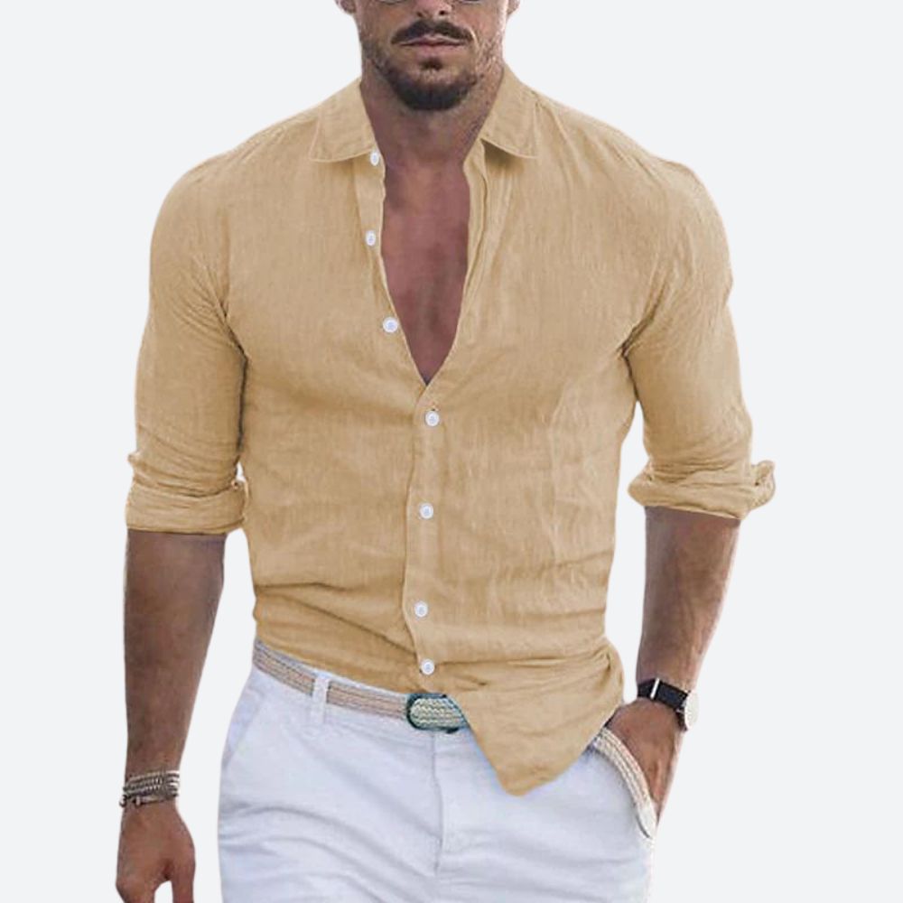Męska lniana koszula slim fit z otwartym kołnierzem na lato