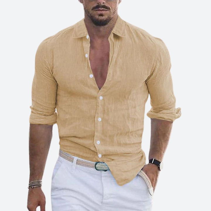 Męska lniana koszula slim fit z otwartym kołnierzem na lato