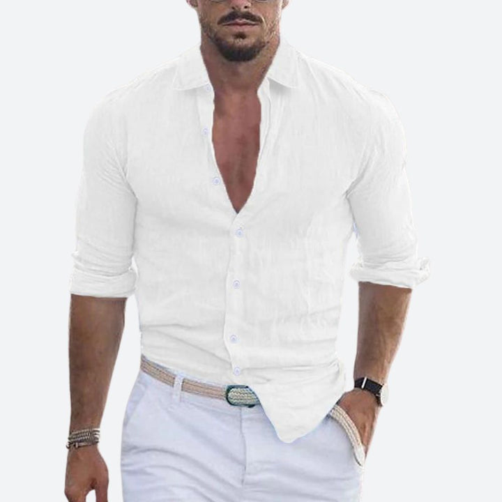 Męska lniana koszula slim fit z otwartym kołnierzem na lato