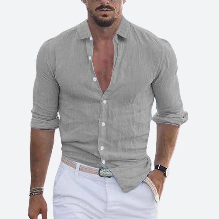 Męska lniana koszula slim fit z otwartym kołnierzem na lato