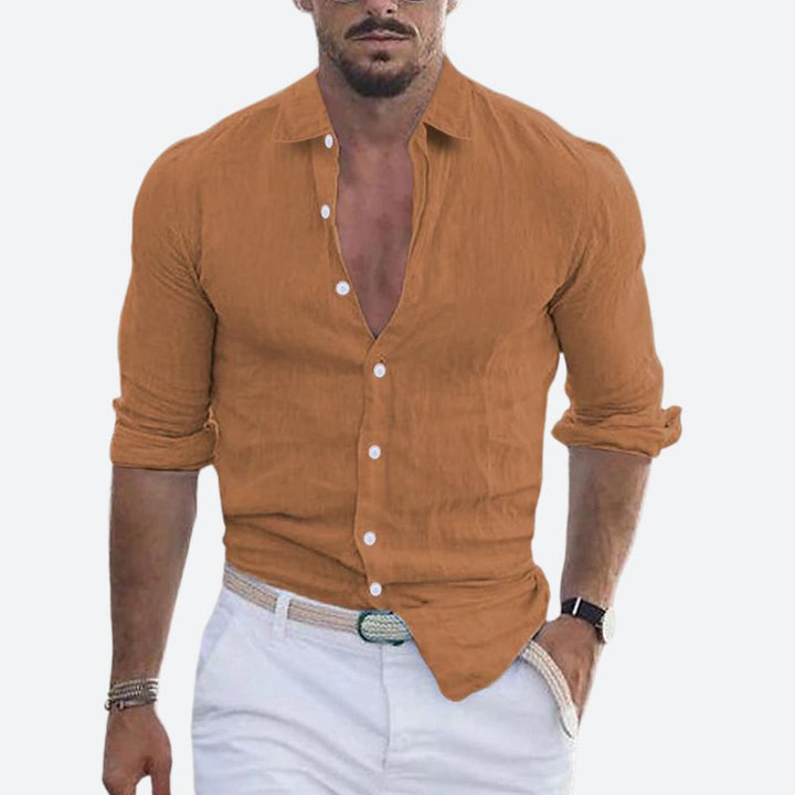Męska lniana koszula slim fit z otwartym kołnierzem na lato