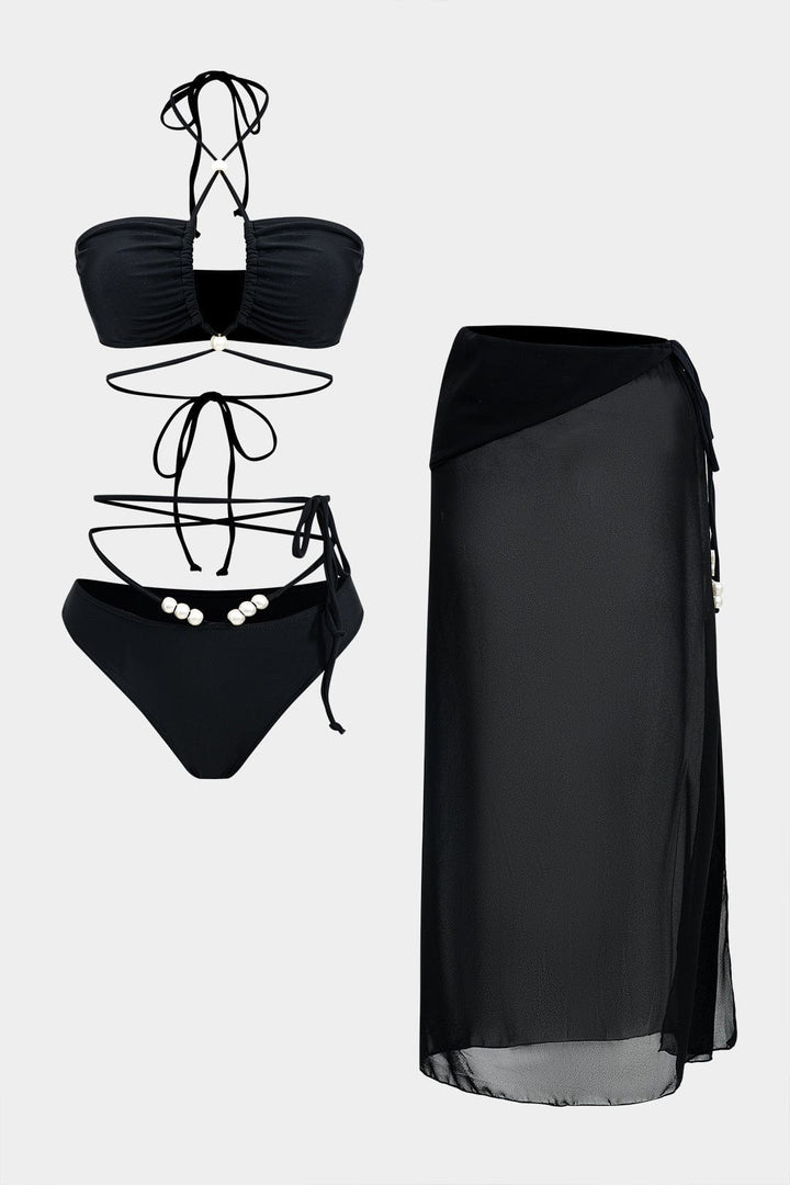 Kobiece bikini bandeau z wiązaniem, trzyczęściowy zestaw plażowy