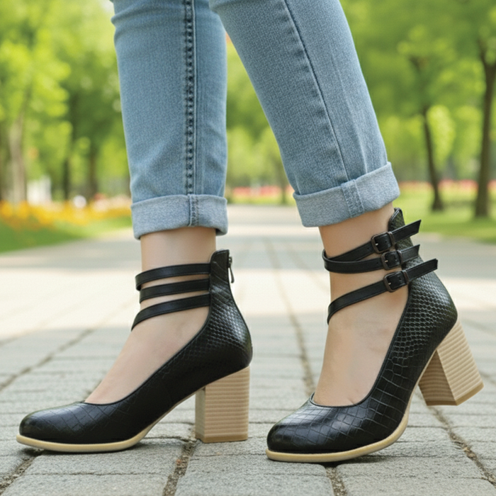 Damskie Buty z Cholewką i Paskami Trójpaskowe Obcas Słupkowy