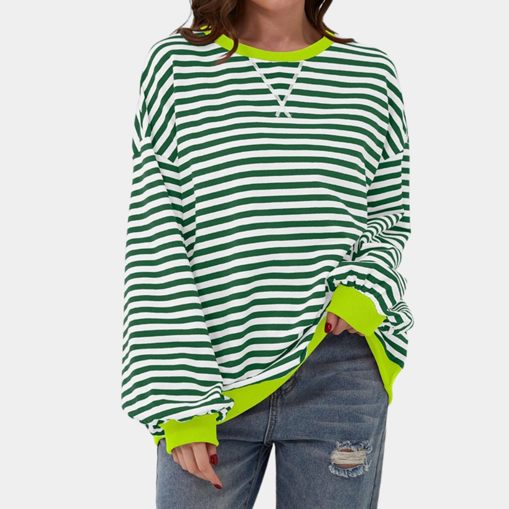 Damska Oversized Striped Long Sleeve T-Shirt Casual Relaxed Top