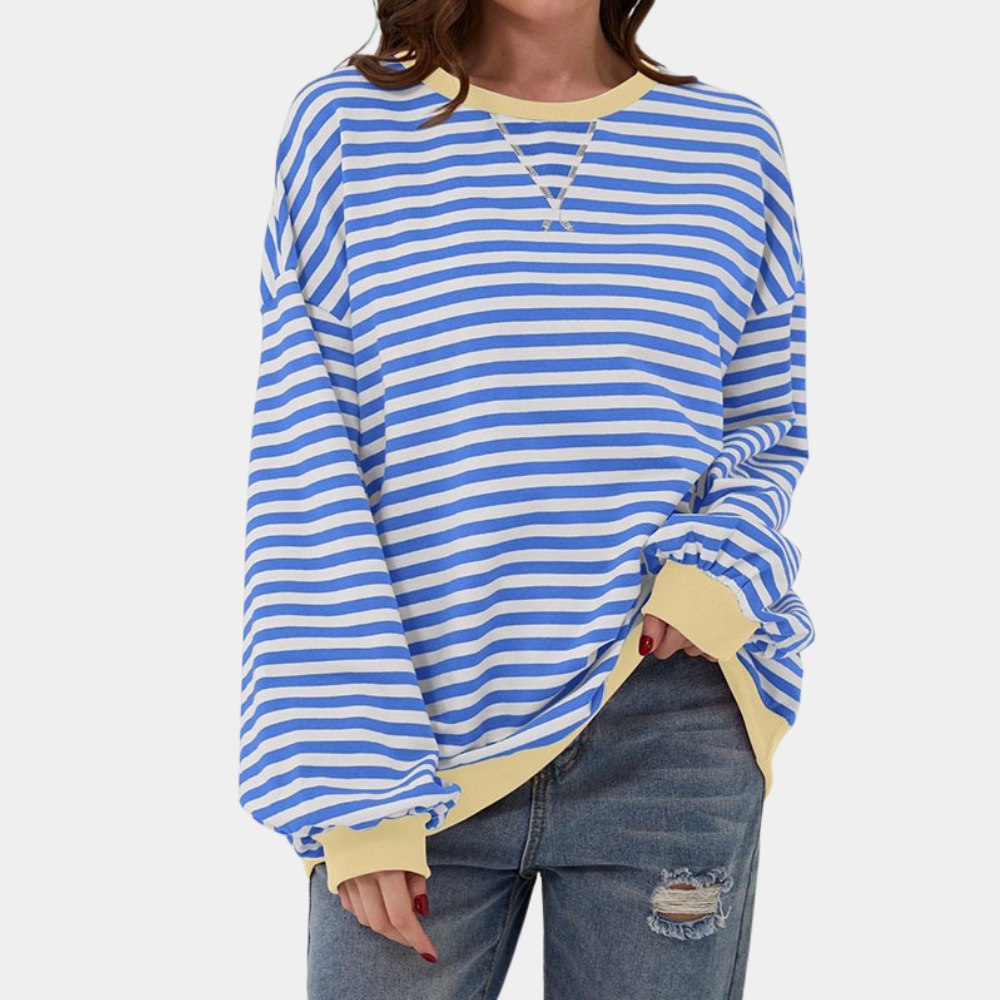 Damska Oversized Striped Long Sleeve T-Shirt Casual Relaxed Top
