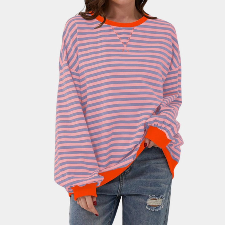 Damska Oversized Striped Long Sleeve T-Shirt Casual Relaxed Top