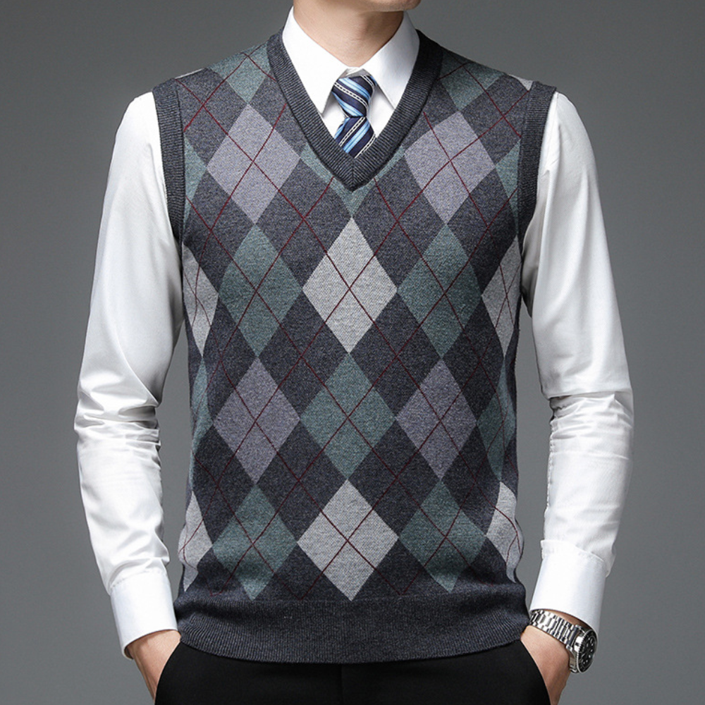 Męski sweter bez rękawów z nadrukiem, V-neck, dopasowany