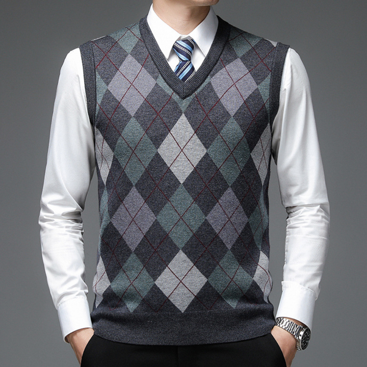 Męski sweter bez rękawów z nadrukiem, V-neck, dopasowany