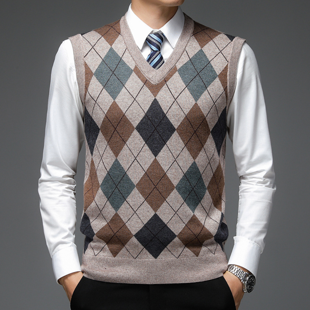 Męski sweter bez rękawów z nadrukiem, V-neck, dopasowany