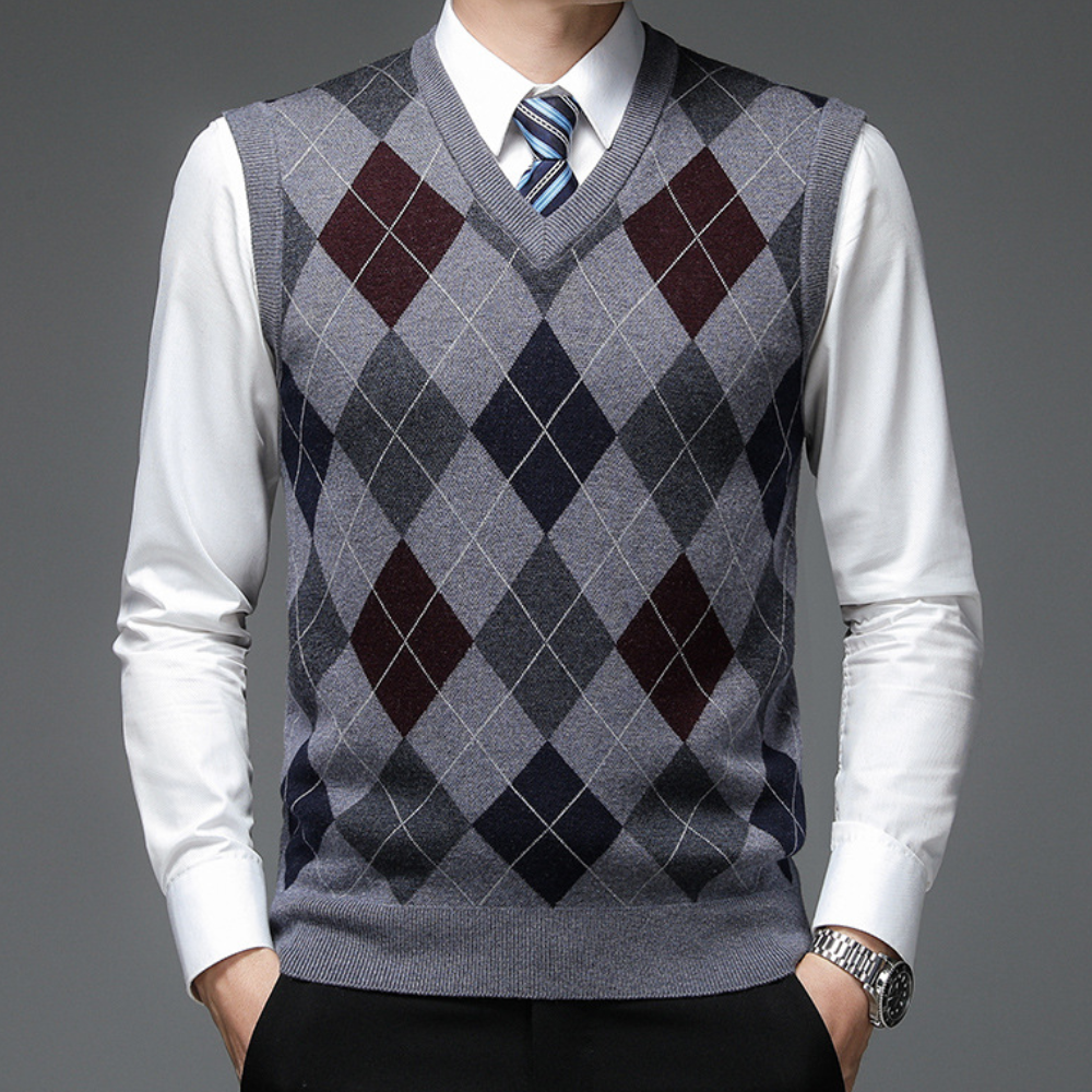 Męski sweter bez rękawów z nadrukiem, V-neck, dopasowany
