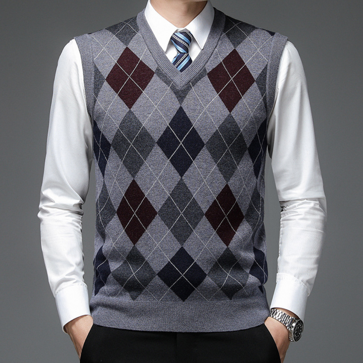 Męski sweter bez rękawów z nadrukiem, V-neck, dopasowany