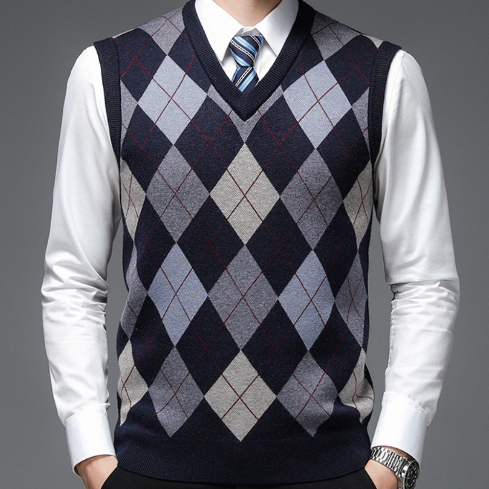 Męski sweter bez rękawów z nadrukiem, V-neck, dopasowany