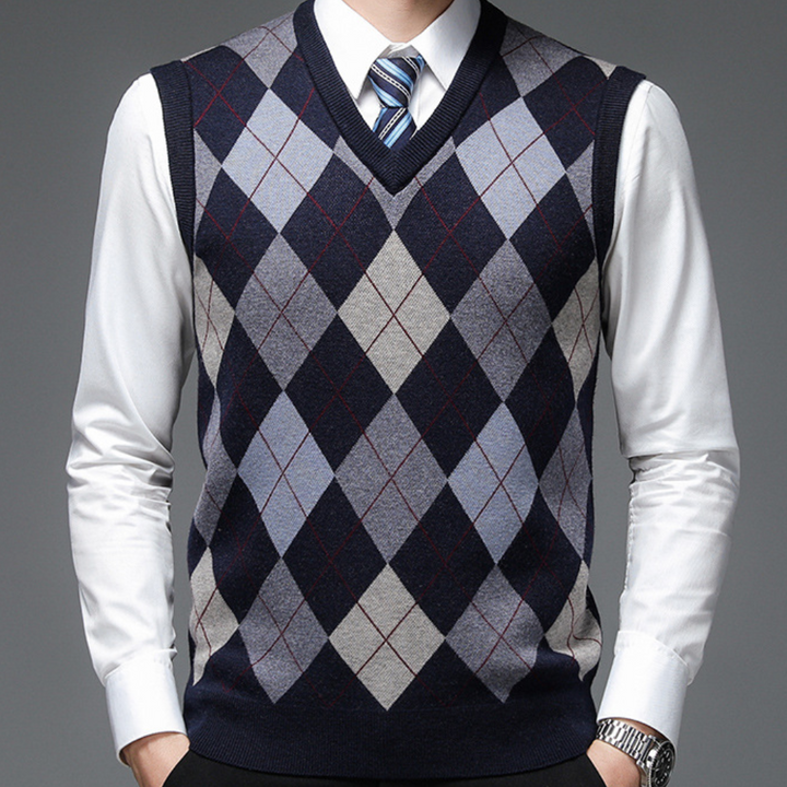 Męski sweter bez rękawów z nadrukiem, V-neck, dopasowany