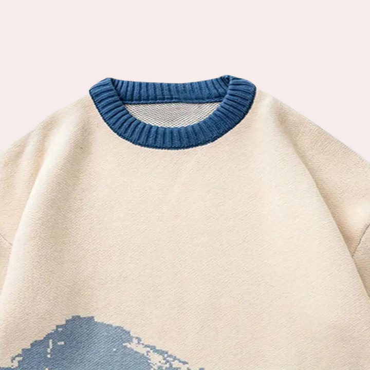 Męski sweter dzianinowy w oversize z nadrukiem i ribbami