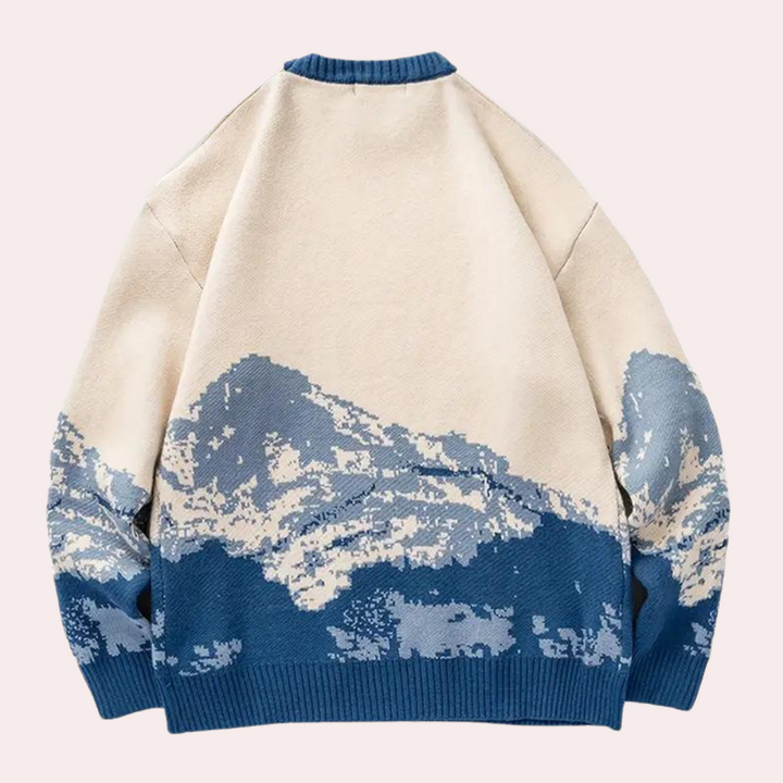 Męski sweter dzianinowy w oversize z nadrukiem i ribbami
