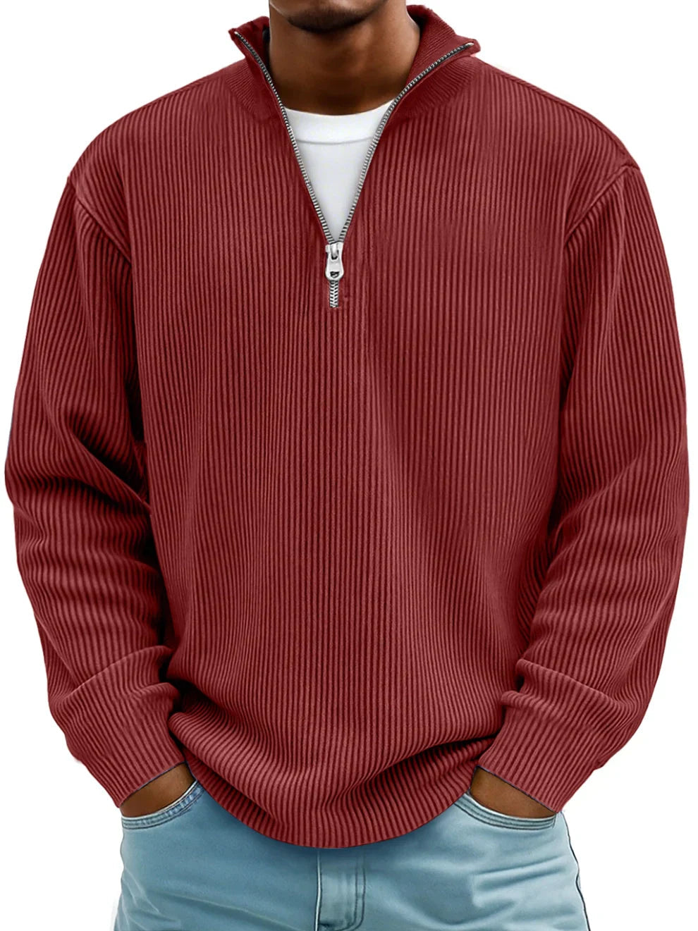 Męska Sweter z Pół-Zipem w Rybkę, Luźny, Oversized, Casual