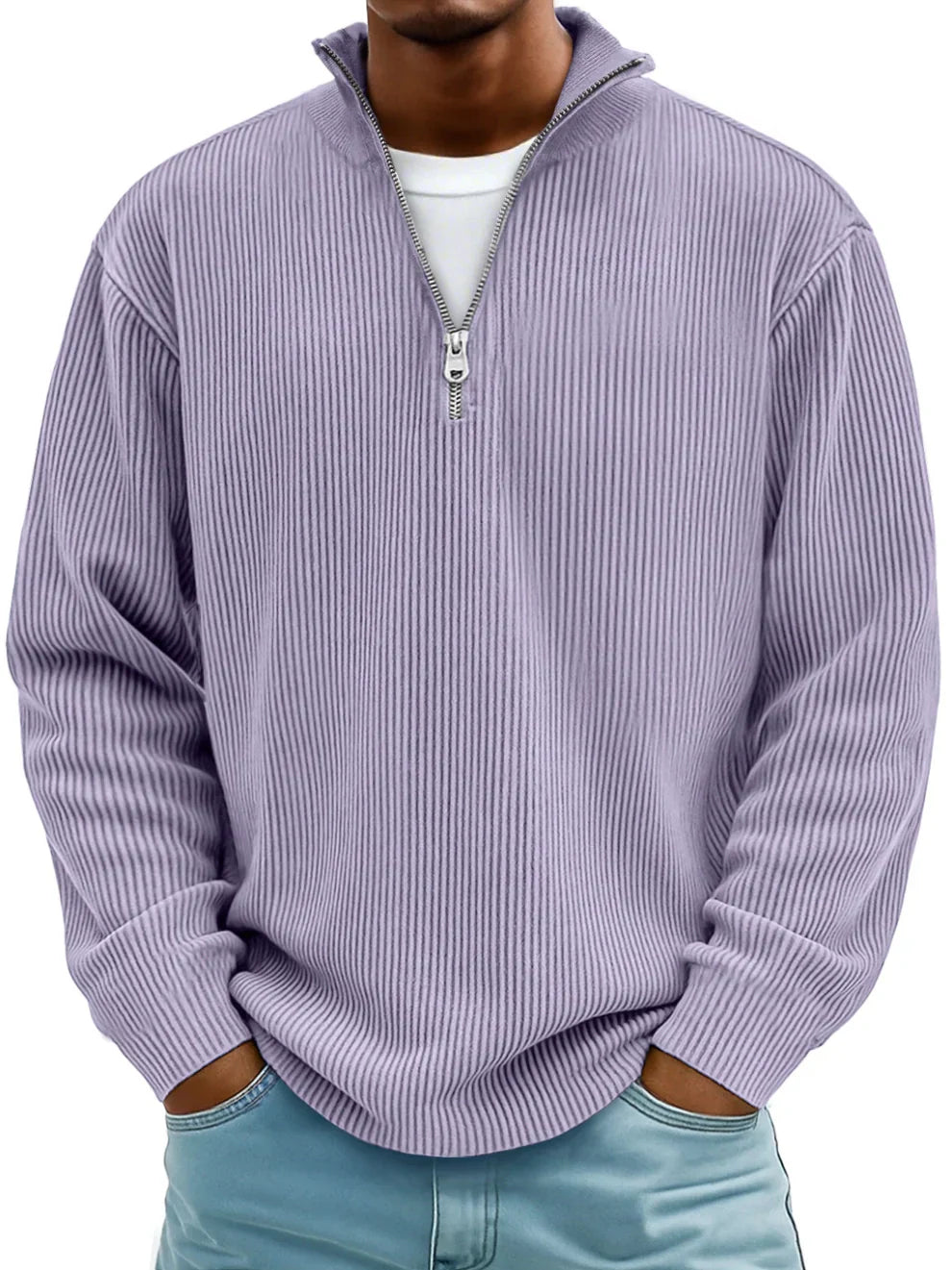 Męska Sweter z Pół-Zipem w Rybkę, Luźny, Oversized, Casual