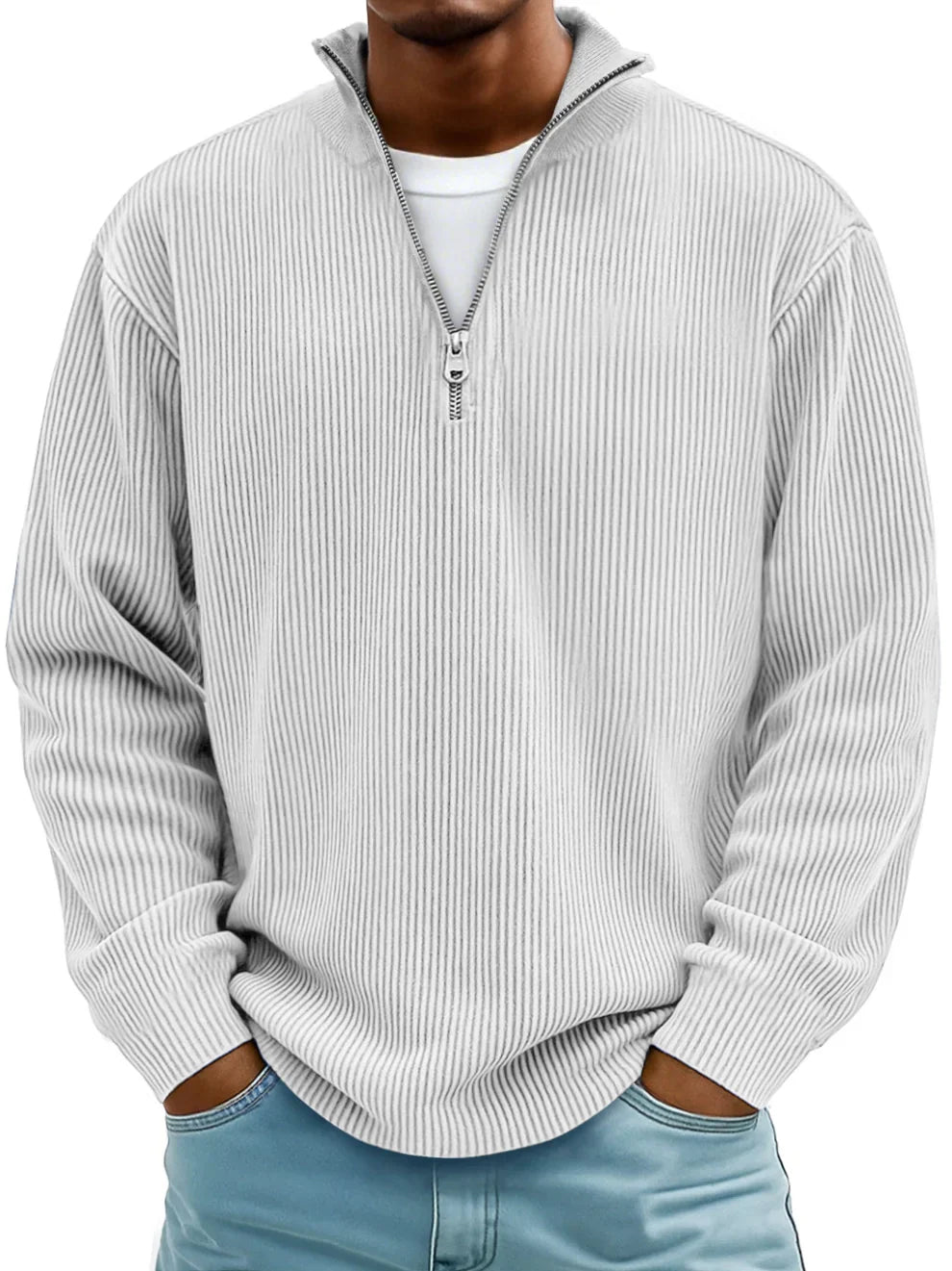 Męska Sweter z Pół-Zipem w Rybkę, Luźny, Oversized, Casual