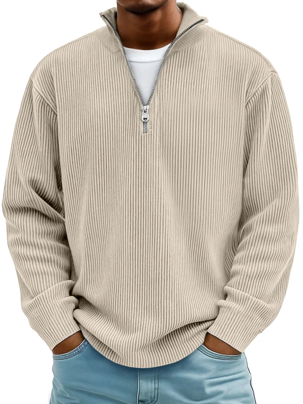 Męska Sweter z Pół-Zipem w Rybkę, Luźny, Oversized, Casual