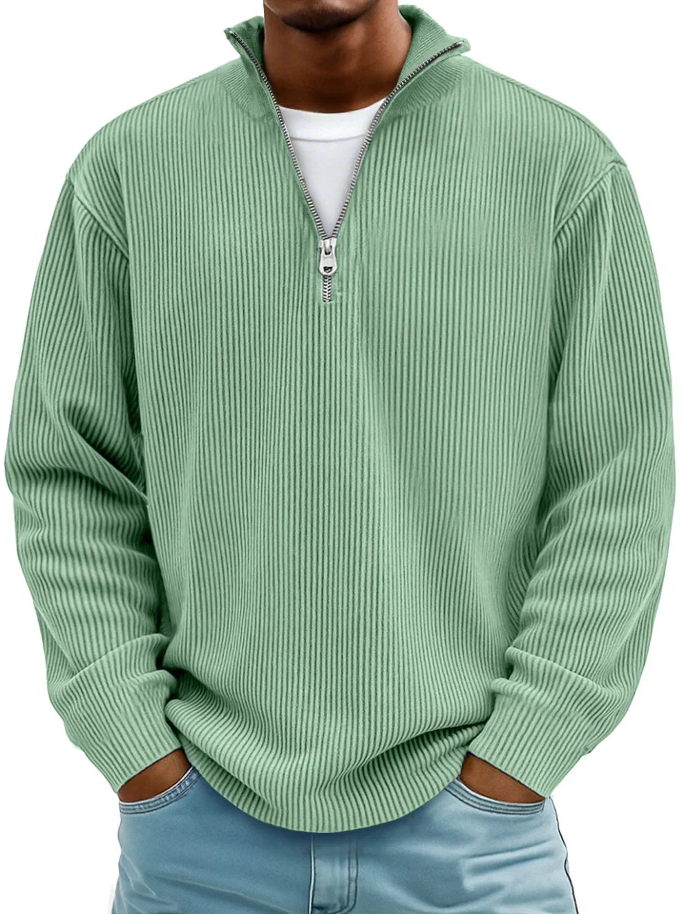 Męska Sweter z Pół-Zipem w Rybkę, Luźny, Oversized, Casual