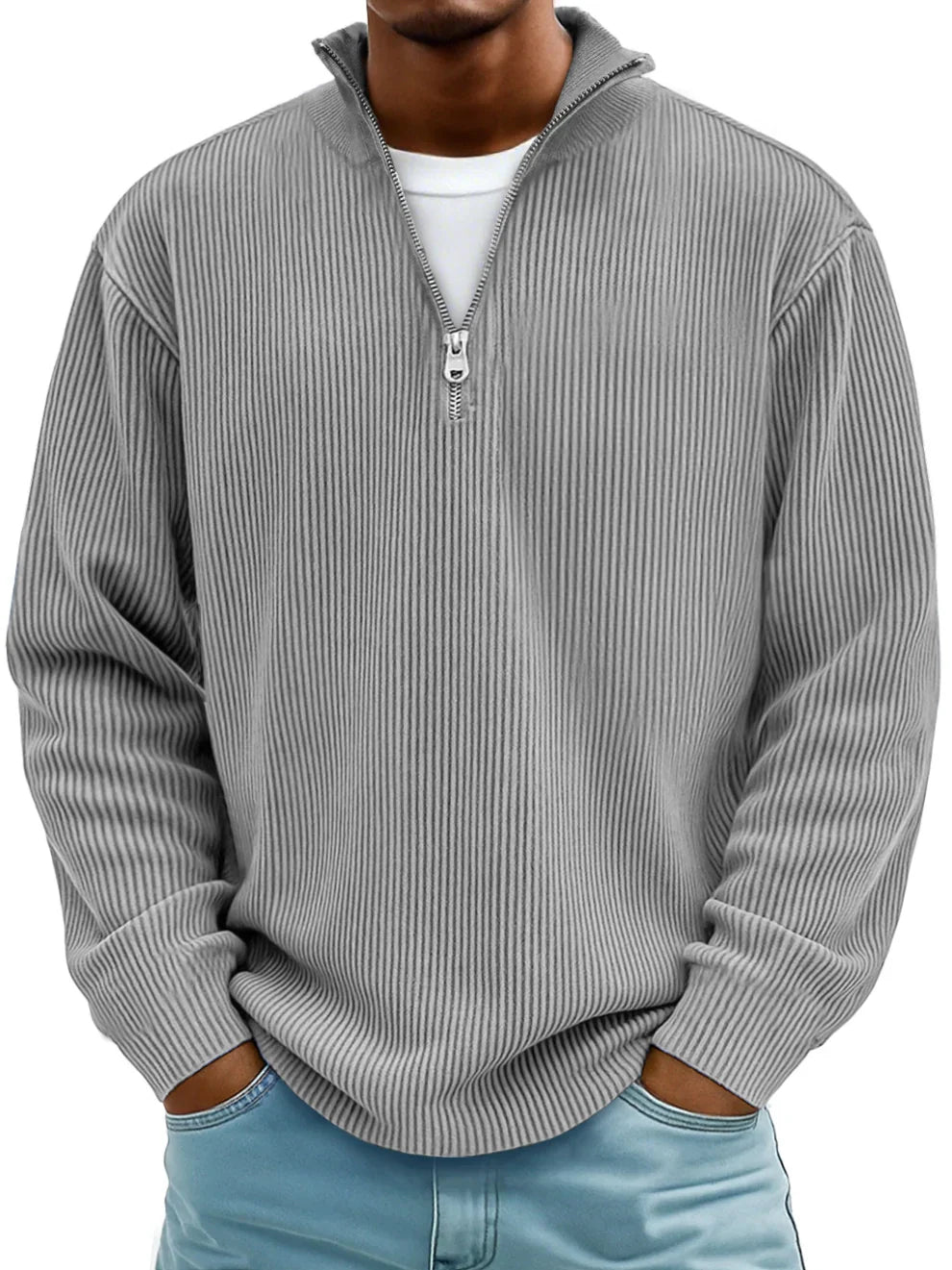Męska Sweter z Pół-Zipem w Rybkę, Luźny, Oversized, Casual