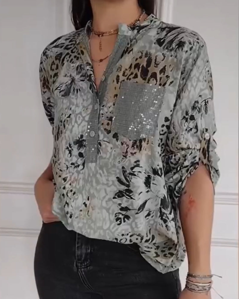 Bluzka damska z nadrukiem i cekinami – Luźna bluzka z rękawem 3/4 w stylu smart casual