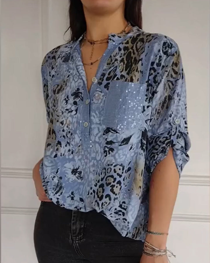 Bluzka damska z nadrukiem i cekinami – Luźna bluzka z rękawem 3/4 w stylu smart casual
