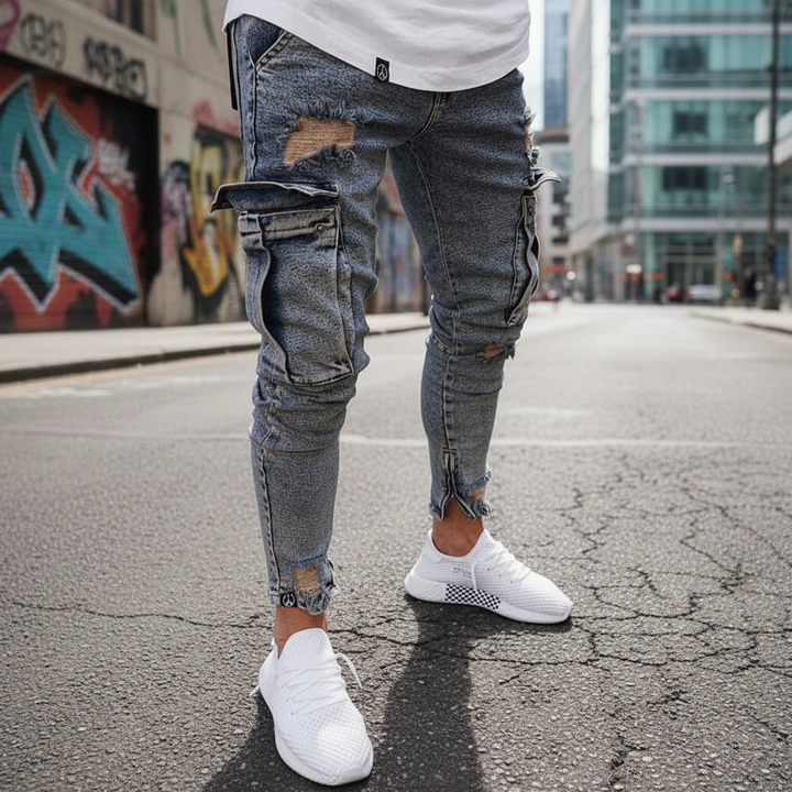 Męskie Spodnie Cargo z Denimu w Kroju Tapered – Użyteczne Streetwear z Kieszeniami na Udach