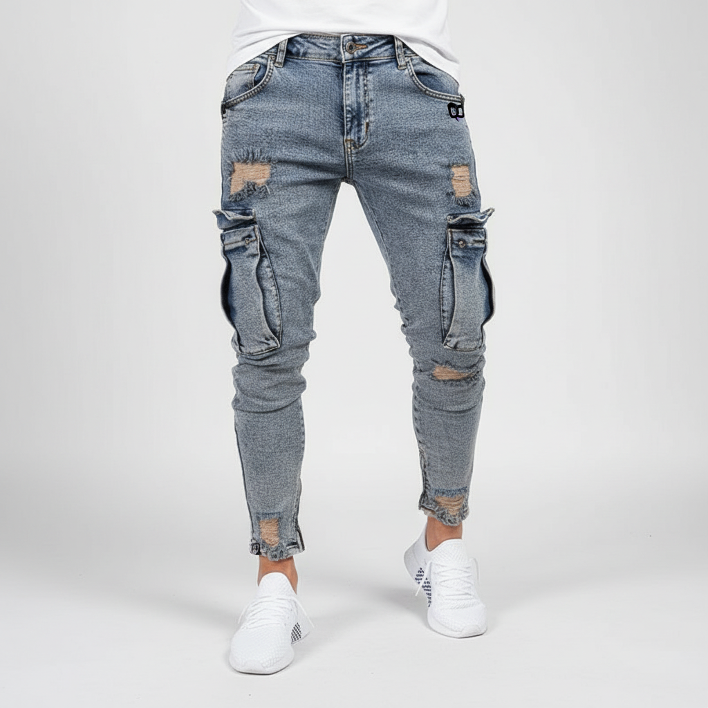 Męskie Spodnie Cargo z Denimu w Kroju Tapered – Użyteczne Streetwear z Kieszeniami na Udach