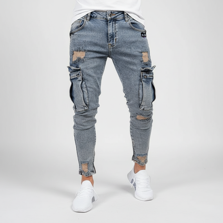 Męskie Spodnie Cargo z Denimu w Kroju Tapered – Użyteczne Streetwear z Kieszeniami na Udach
