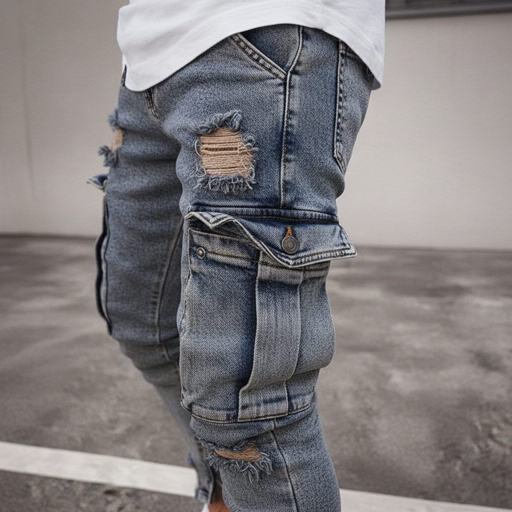 Męskie Spodnie Cargo z Denimu w Kroju Tapered – Użyteczne Streetwear z Kieszeniami na Udach