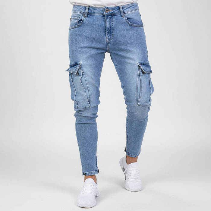 Męskie Spodnie Cargo z Denimu w Kroju Tapered – Użyteczne Streetwear z Kieszeniami na Udach