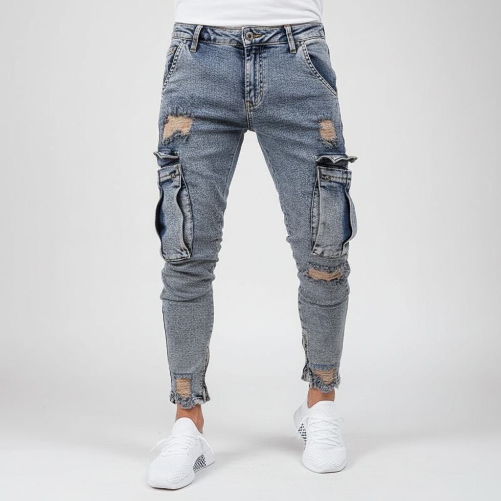 Męskie Spodnie Cargo z Denimu w Kroju Tapered – Użyteczne Streetwear z Kieszeniami na Udach