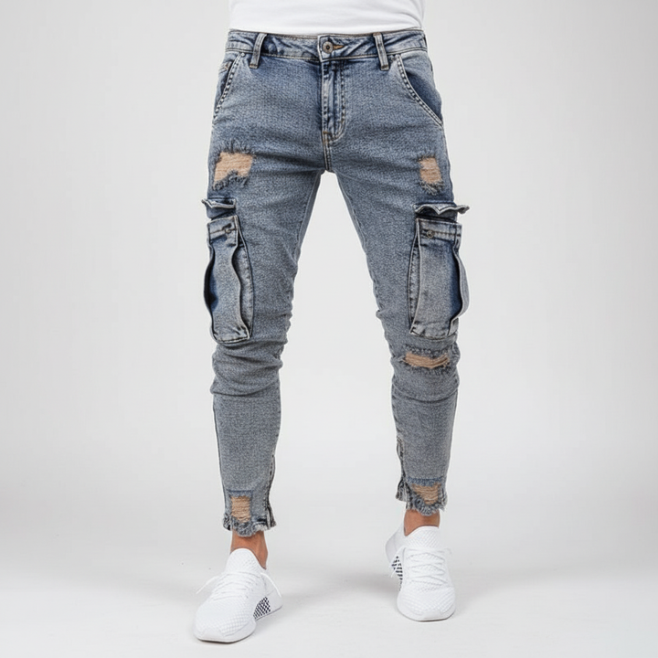Męskie Spodnie Cargo z Denimu w Kroju Tapered – Użyteczne Streetwear z Kieszeniami na Udach