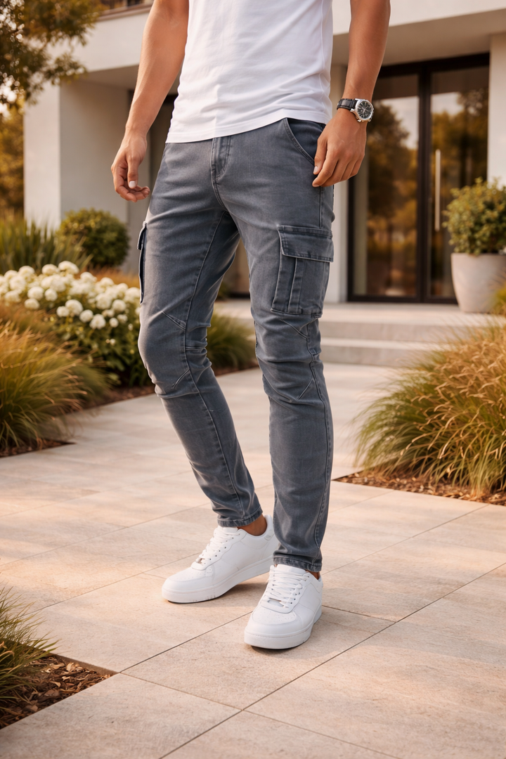 Męskie jeansy cargo slim fit w nowoczesnym stylu użytkowym