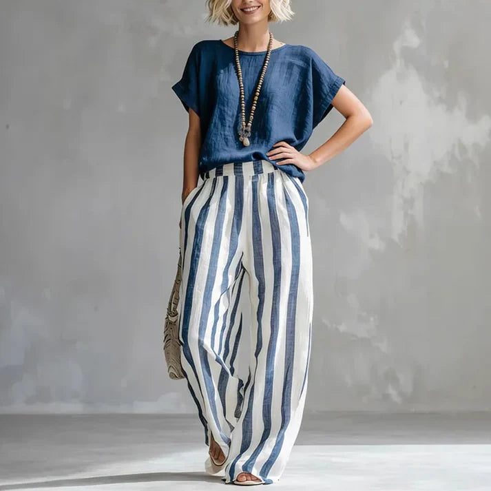 Damski Zestaw z Wysokim Stanem i Szerokimi Nogawkami – Luźna, Wydrukowana Letnia Moda Smart Casual