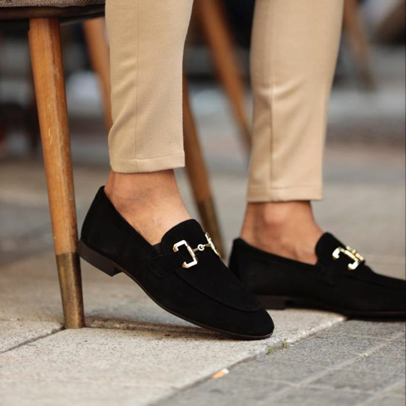Męskie zamszowe loafersy z klamrą Horsebit eleganckie buty wsuwane