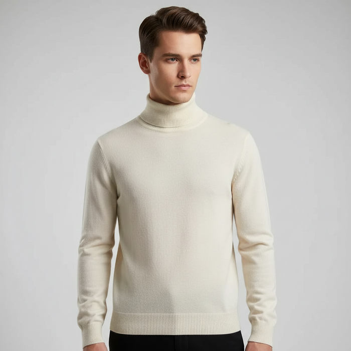 Męski sweter z cienkiej dzianiny z golfem i ribbowanym wykończeniem