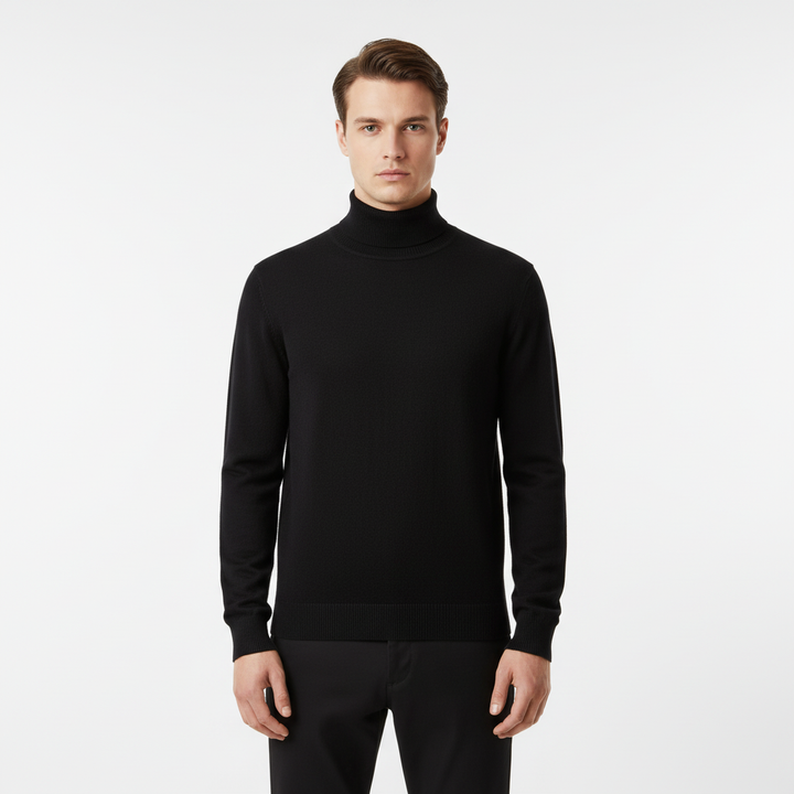 Męski sweter z cienkiej dzianiny z golfem i ribbowanym wykończeniem